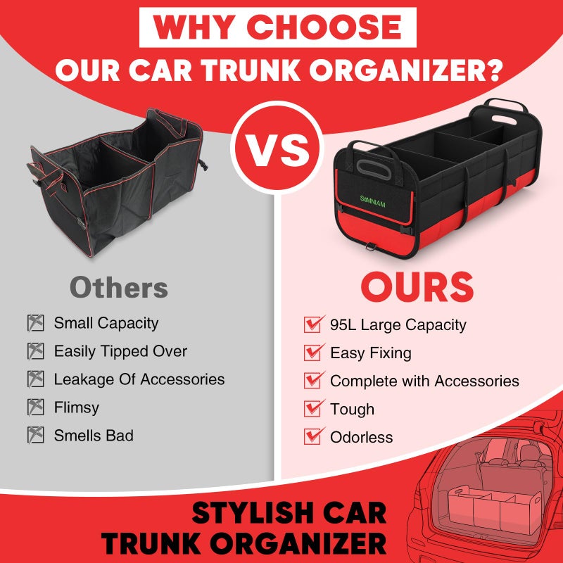 Simniam Large Trunk Organizer for Car, Collapsible Multi Compartment Car Trunk Organizer with 2 Retractable Straps, Suitable for All Kinds of Cars, SUV, Minivan - 4 Compartments Red - Image 5